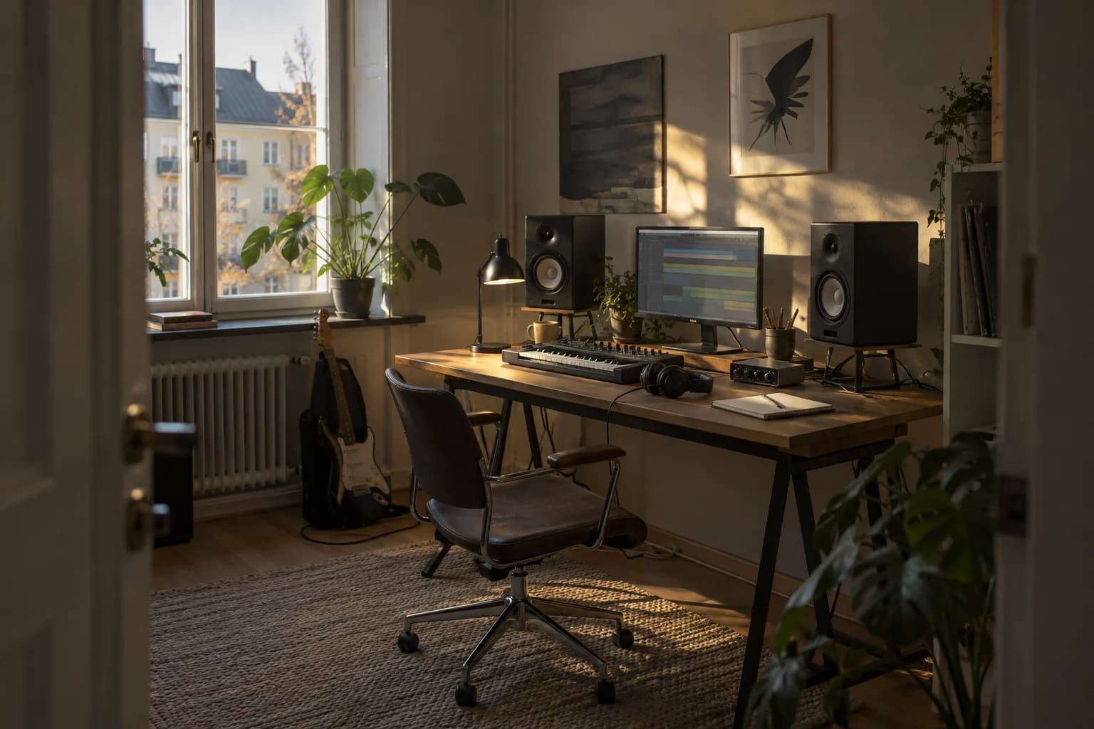 Illustrative independent music studio in warm daylight